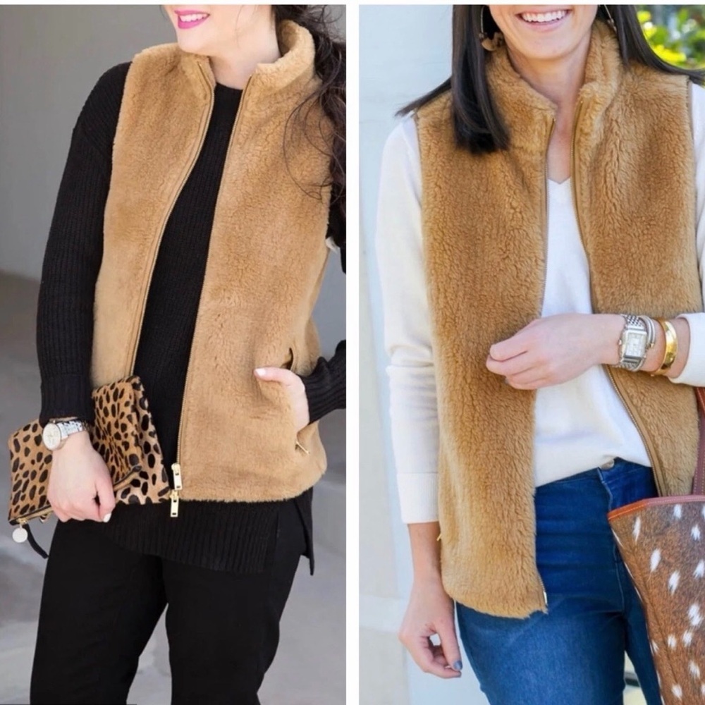 J. Crew Women's Plush Fleece Excursion Vest Camel Faux Fur Zip Fuzzy Sz XXS